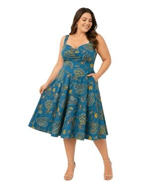 BNWT Rare Pinup Couture Laura Byrnes Teal Spanish Fans Fit and Flare XL